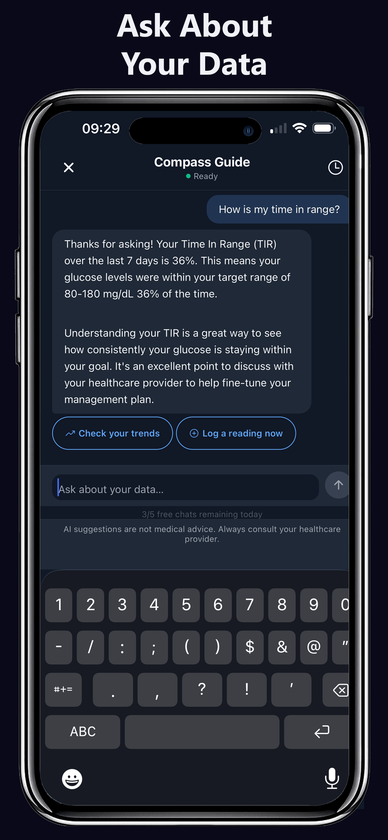 Glucose Compass AI Chat for plain-language health questions